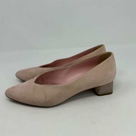 Everlane Women's V Sparkle Heeled Light Blush Pink Suede Block Pumps Size 7 - Picture 6 of 12